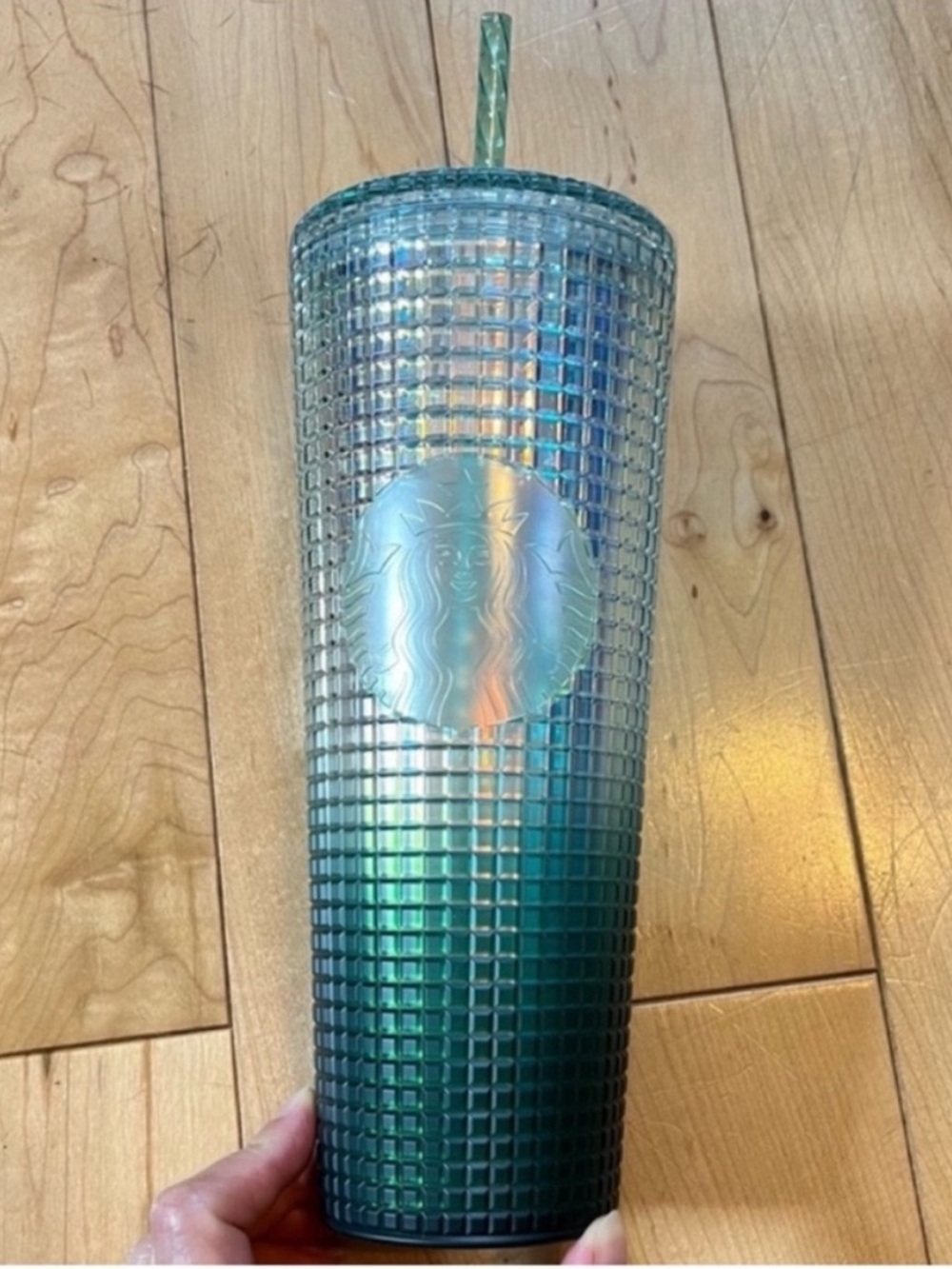 NWT Starbucks Ombre Disco Green Grid Gradient 24 oz Tumbler w lid and Straw